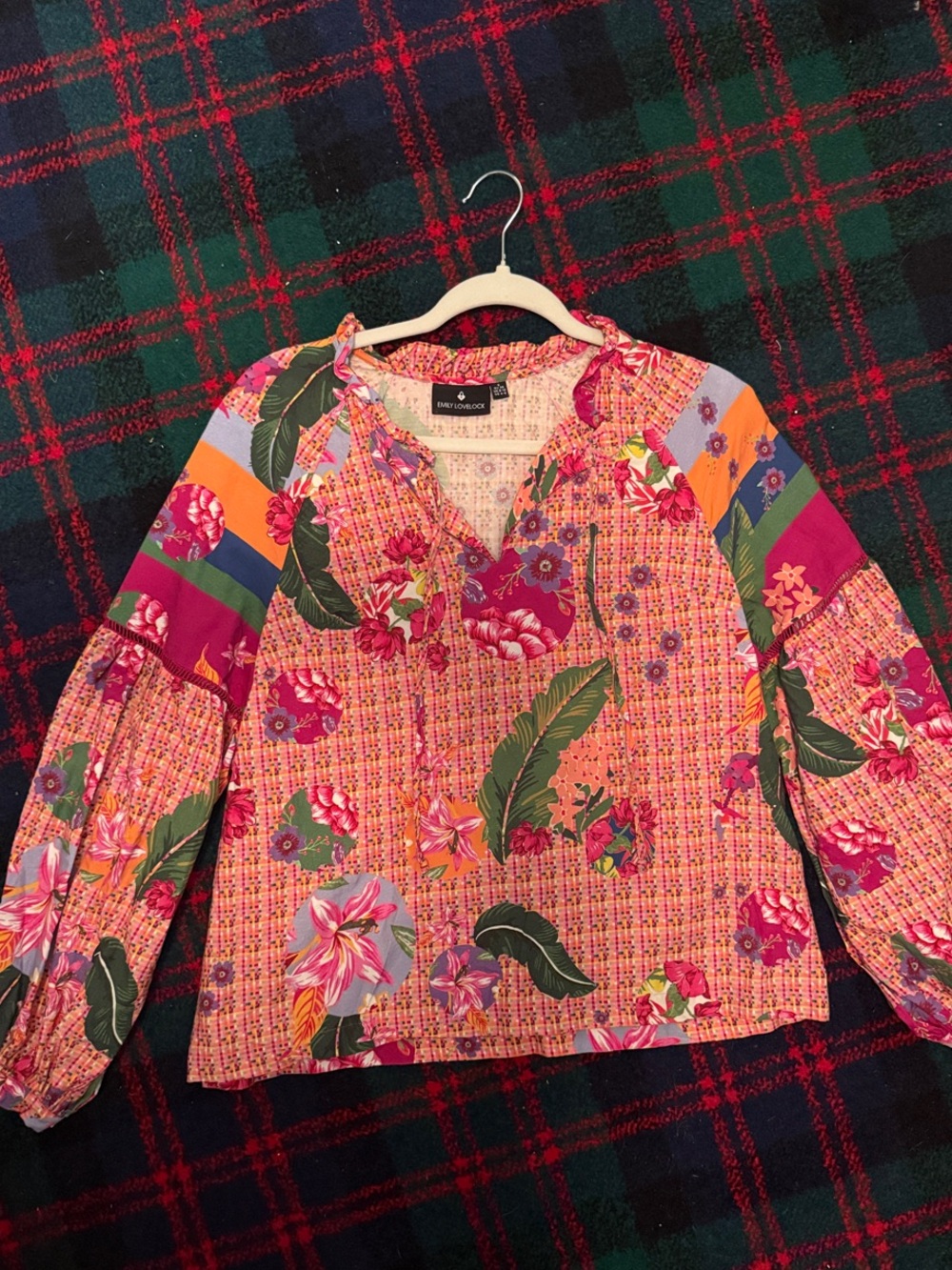 Emily Lovelock Patchwork Peasant Blouse - Pink & Green